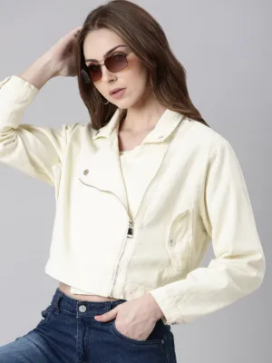 quick dry Multi Pocket Women's Cream Spread Collar Crop Denim Jacket