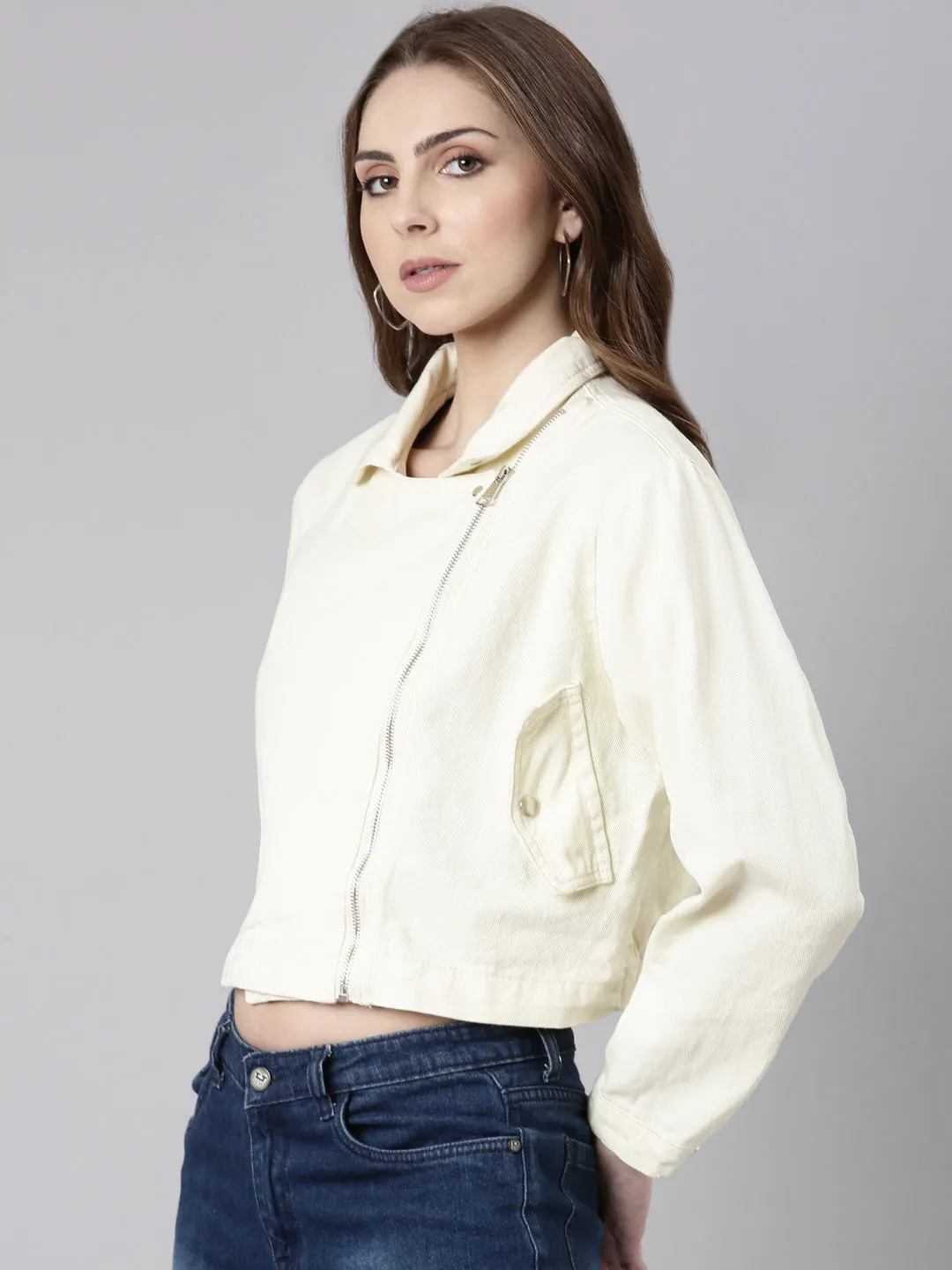 Water Resistant Women's Cream Spread Collar Crop Denim Jacket