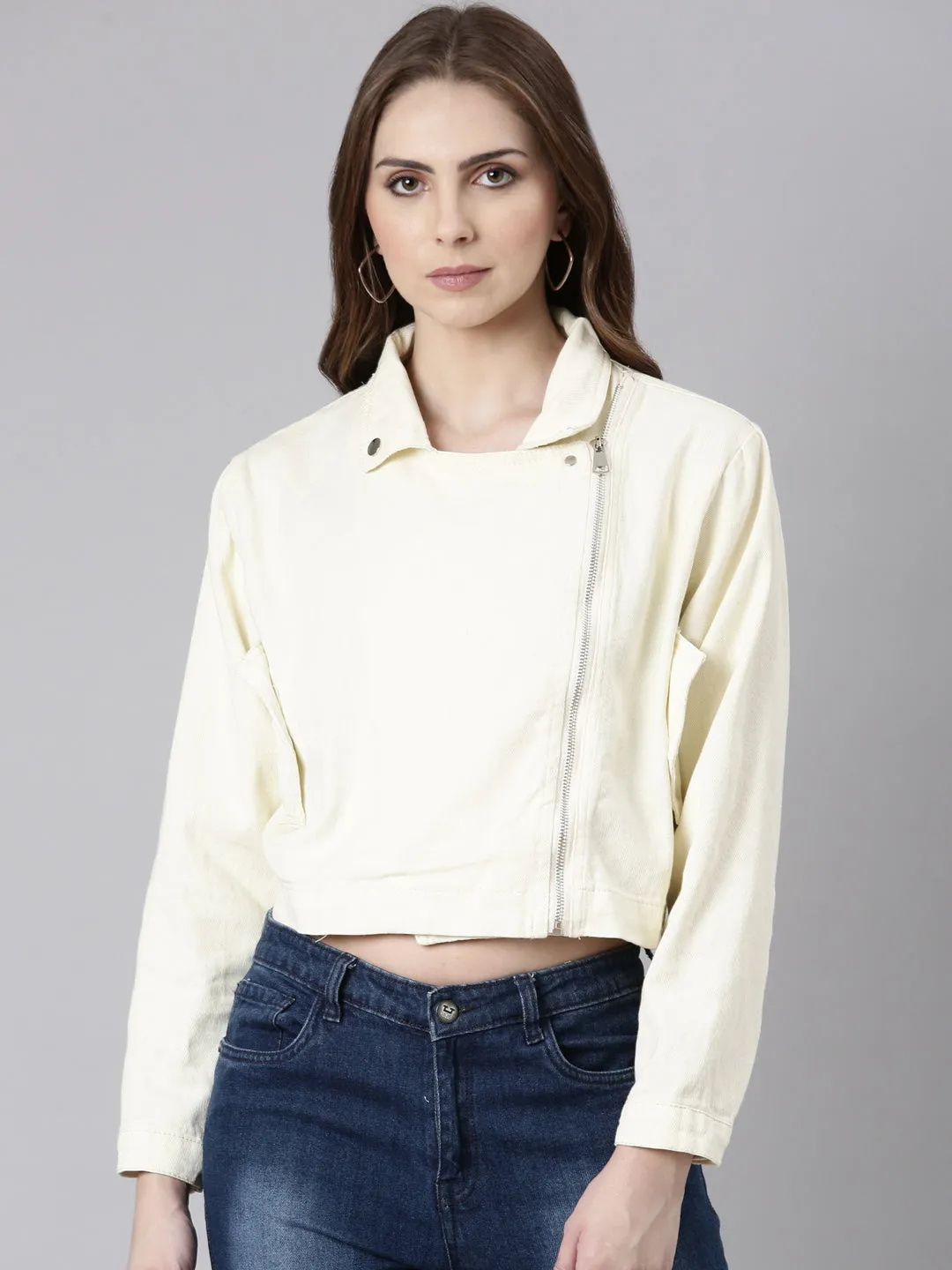 Women's Cream Spread Collar Crop Denim Jacket Calm Day Fit Layer Up Style