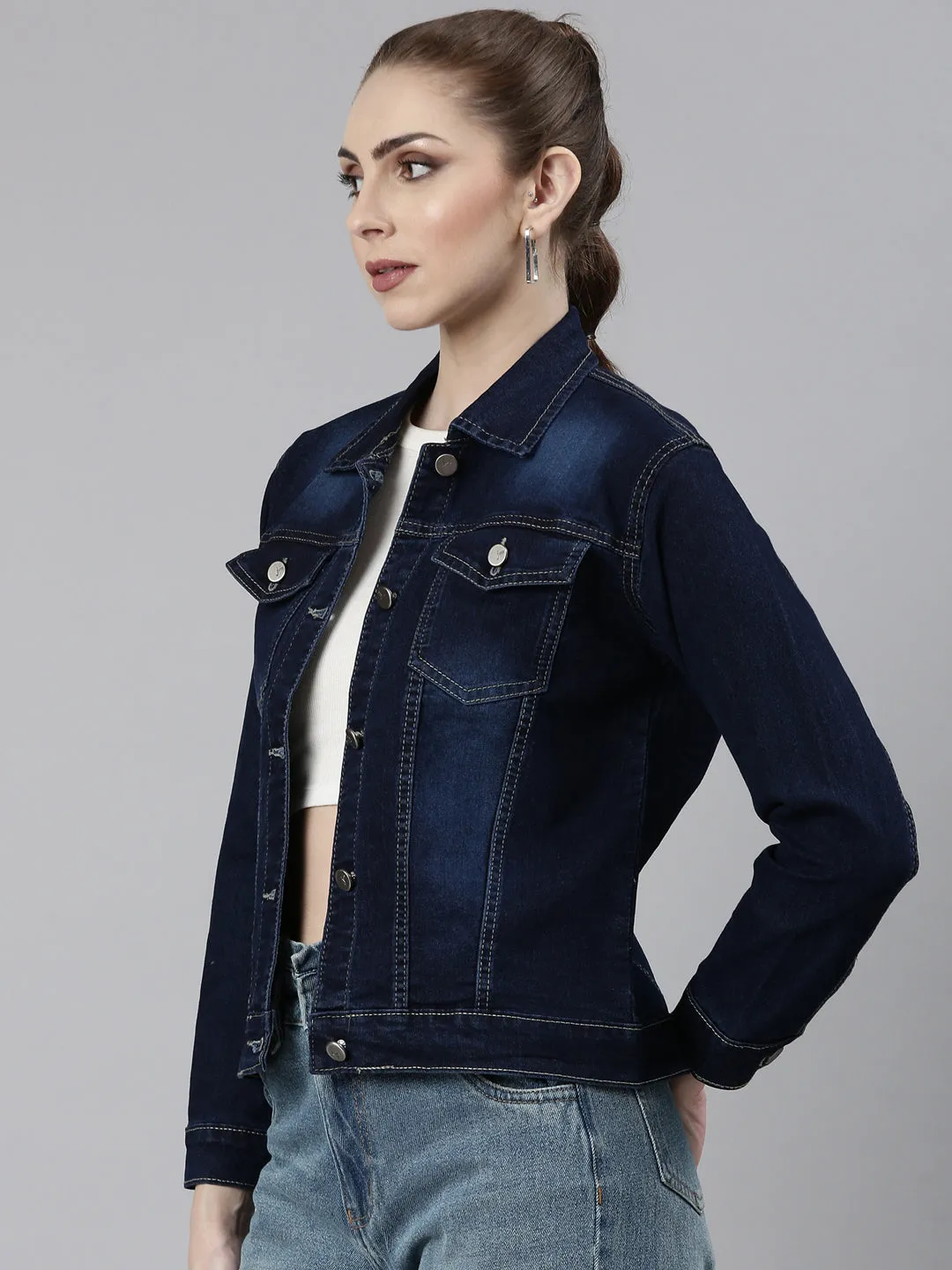 Reinforced Shoulder Panels Roll Up Storage Design Women's Navy Blue Washed Cotton Denim Jacket