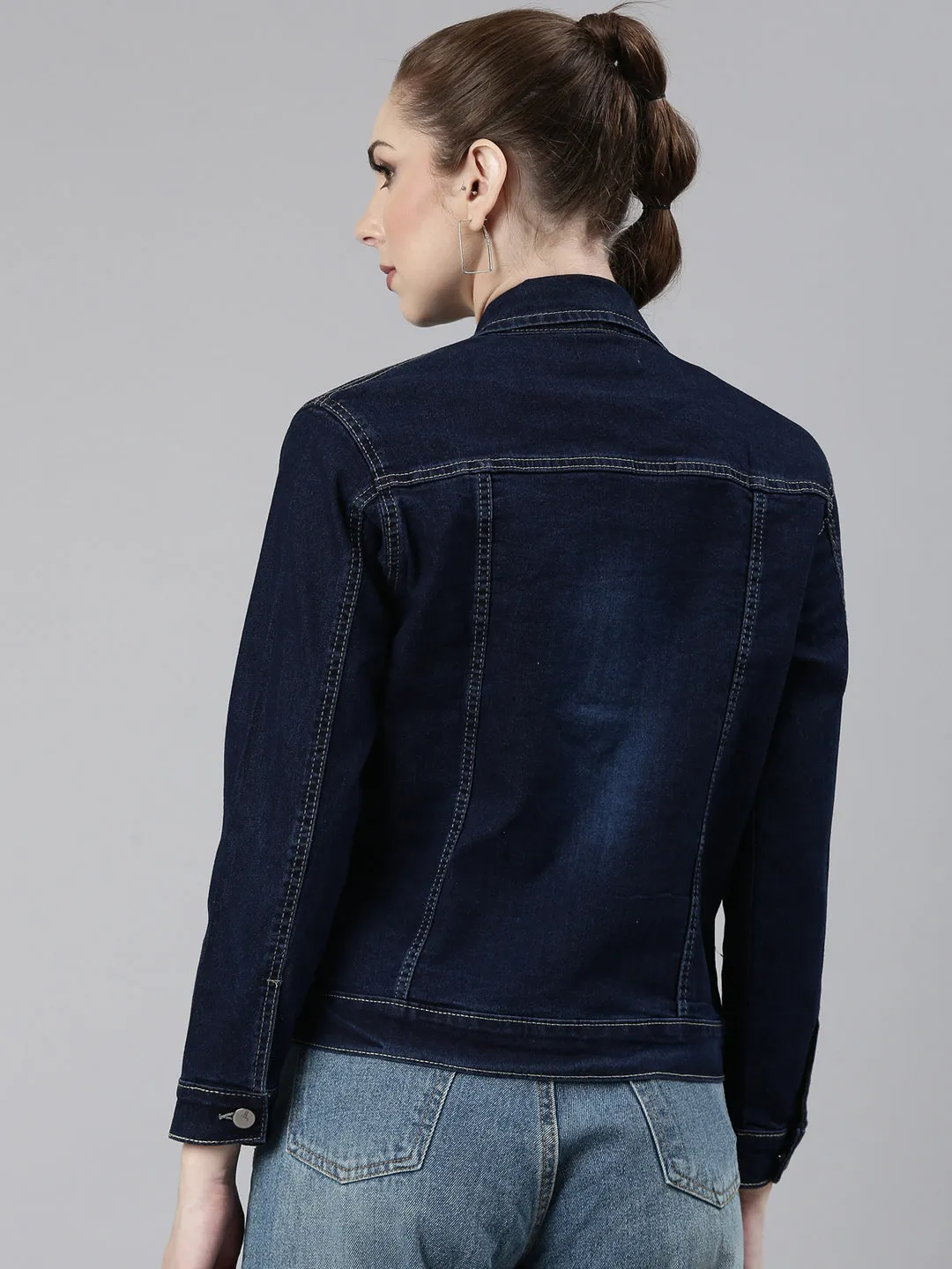 Quick Dry Coating Women's Navy Blue Washed Cotton Denim Jacket