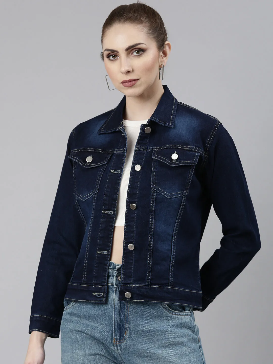 Women's Navy Blue Washed Cotton Denim Jacket Flatlock Seam Construction