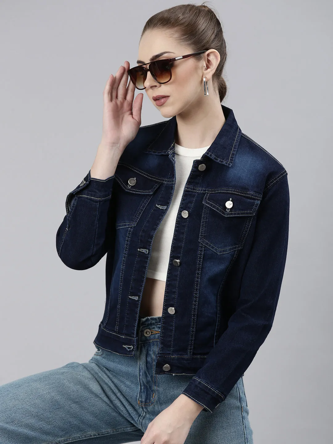 Women's Navy Blue Washed Cotton Denim Jacket Easy Clean Material