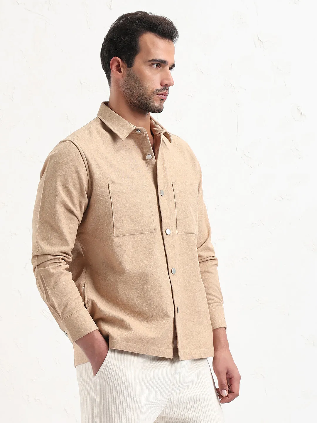 GarmentDyedTexture City Smart Look Men's Beige Relaxed Fit Shacket