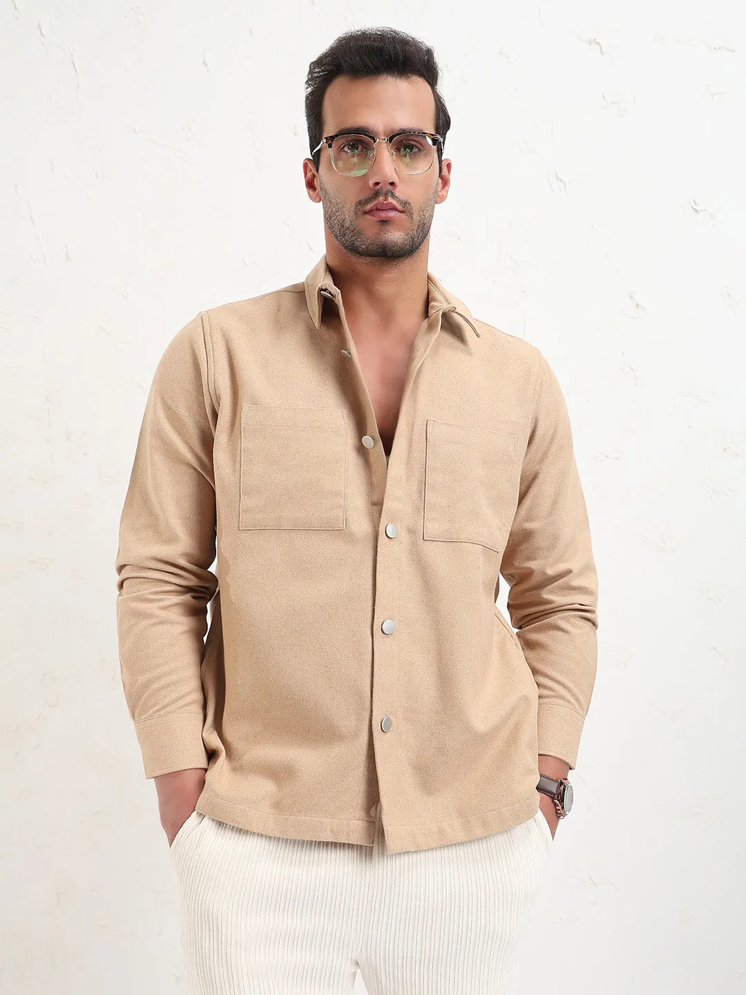 Men's Beige Relaxed Fit Shacket quick-drying