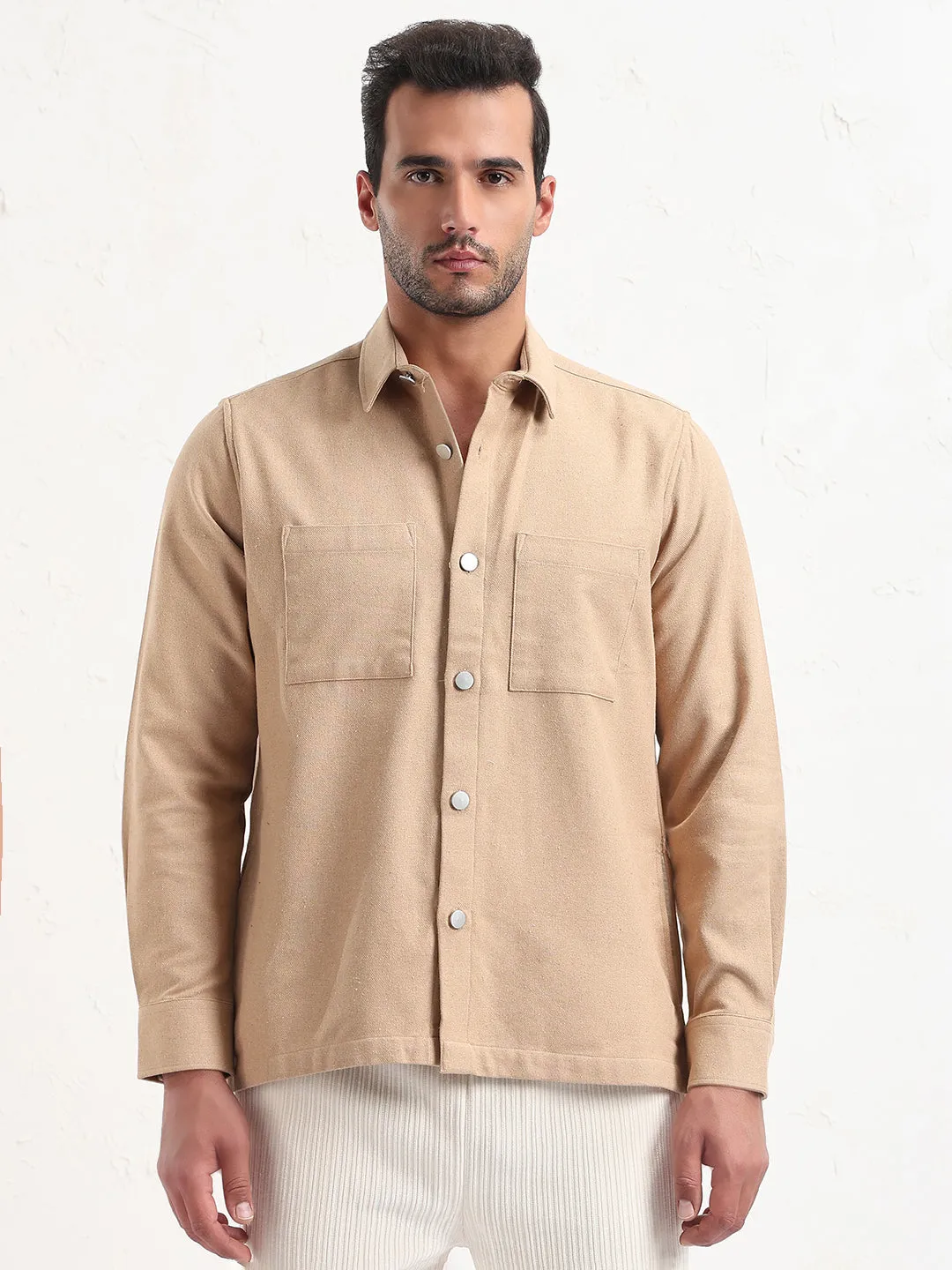 Customer Favorite Soft Touch Fit Men's Beige Relaxed Fit Shacket