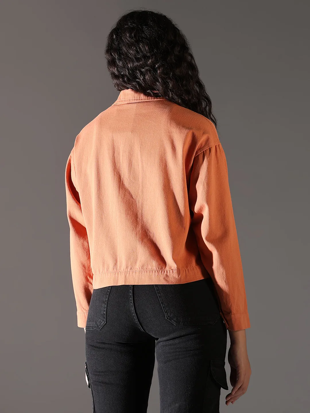 Women's Orange Spread Collar Solid Casual Denim Windcheater Jacket Windproof Construction