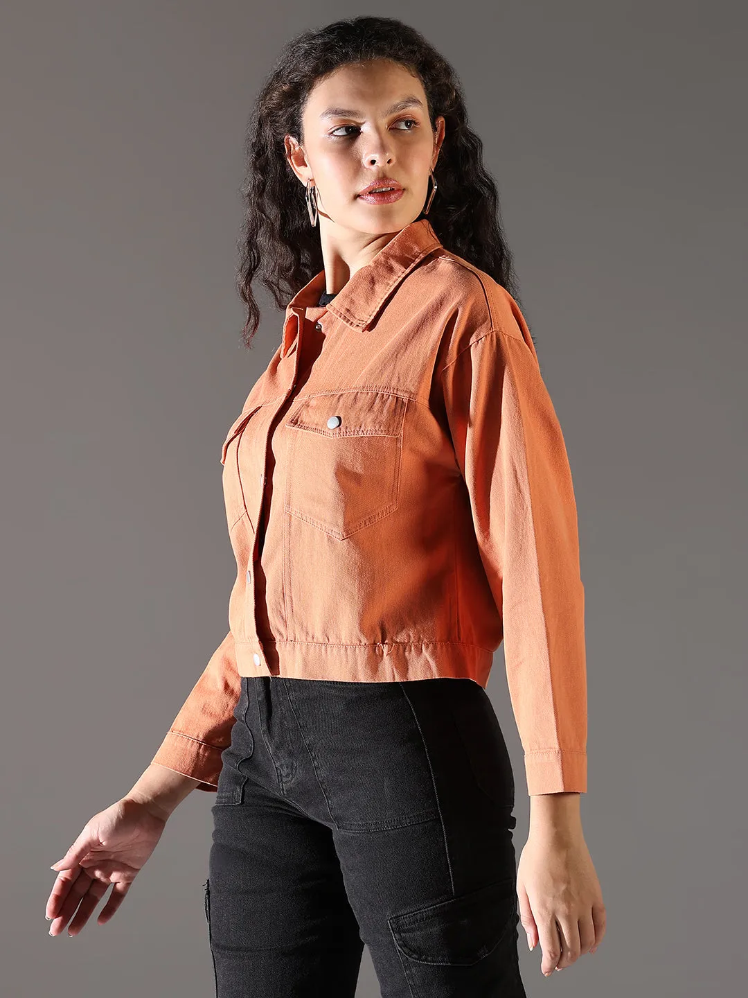 Refined Casual Temperature Regulating Fill Women's Orange Spread Collar Solid Casual Denim Windcheater Jacket