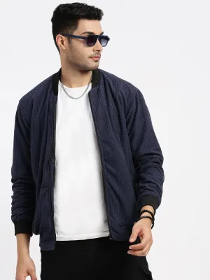 Men's Navy Blue Solid Bomber Jacket Basic Travel Fit