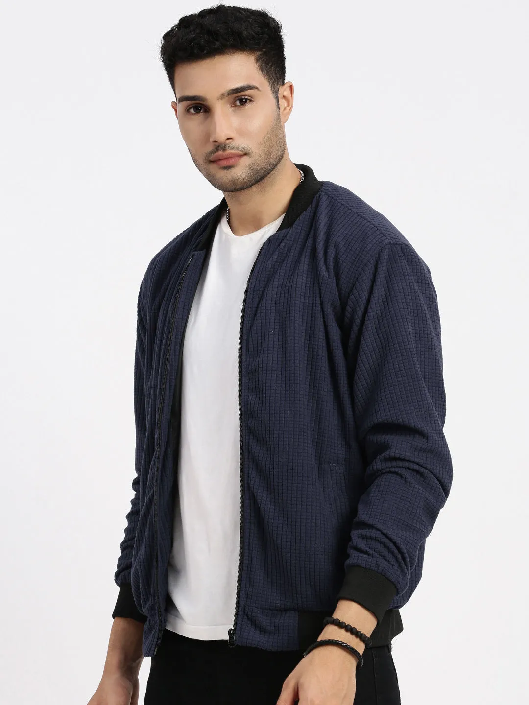 Men's Navy Blue Solid Bomber Jacket HypoallergenicMaterial