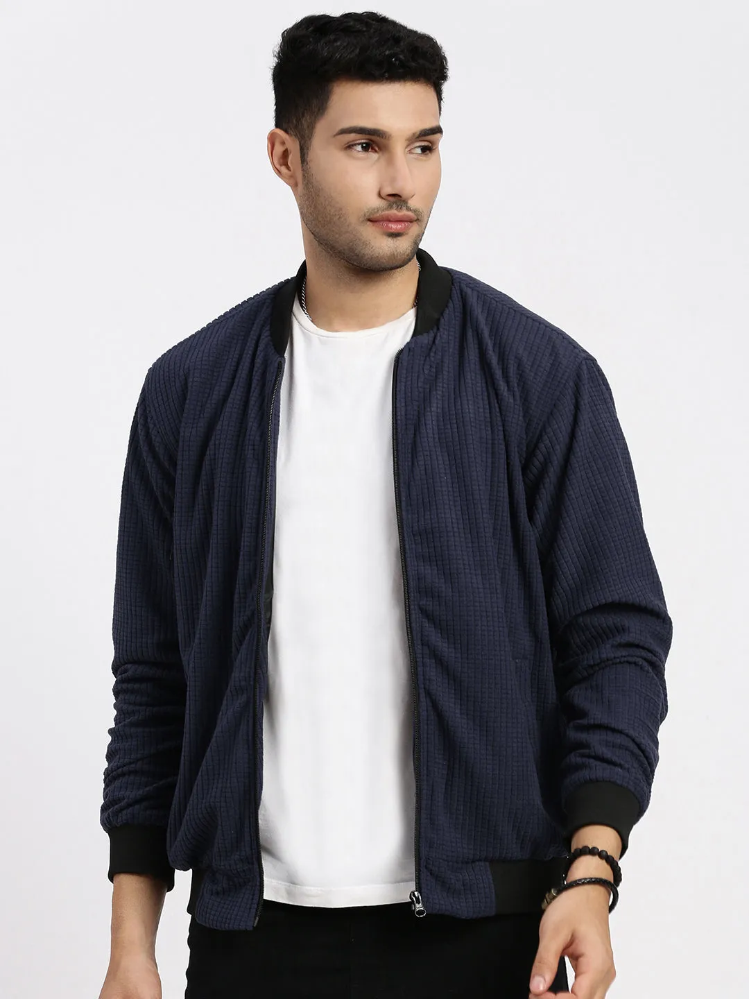 Men's Navy Blue Solid Bomber Jacket Ski Use Mark Style
