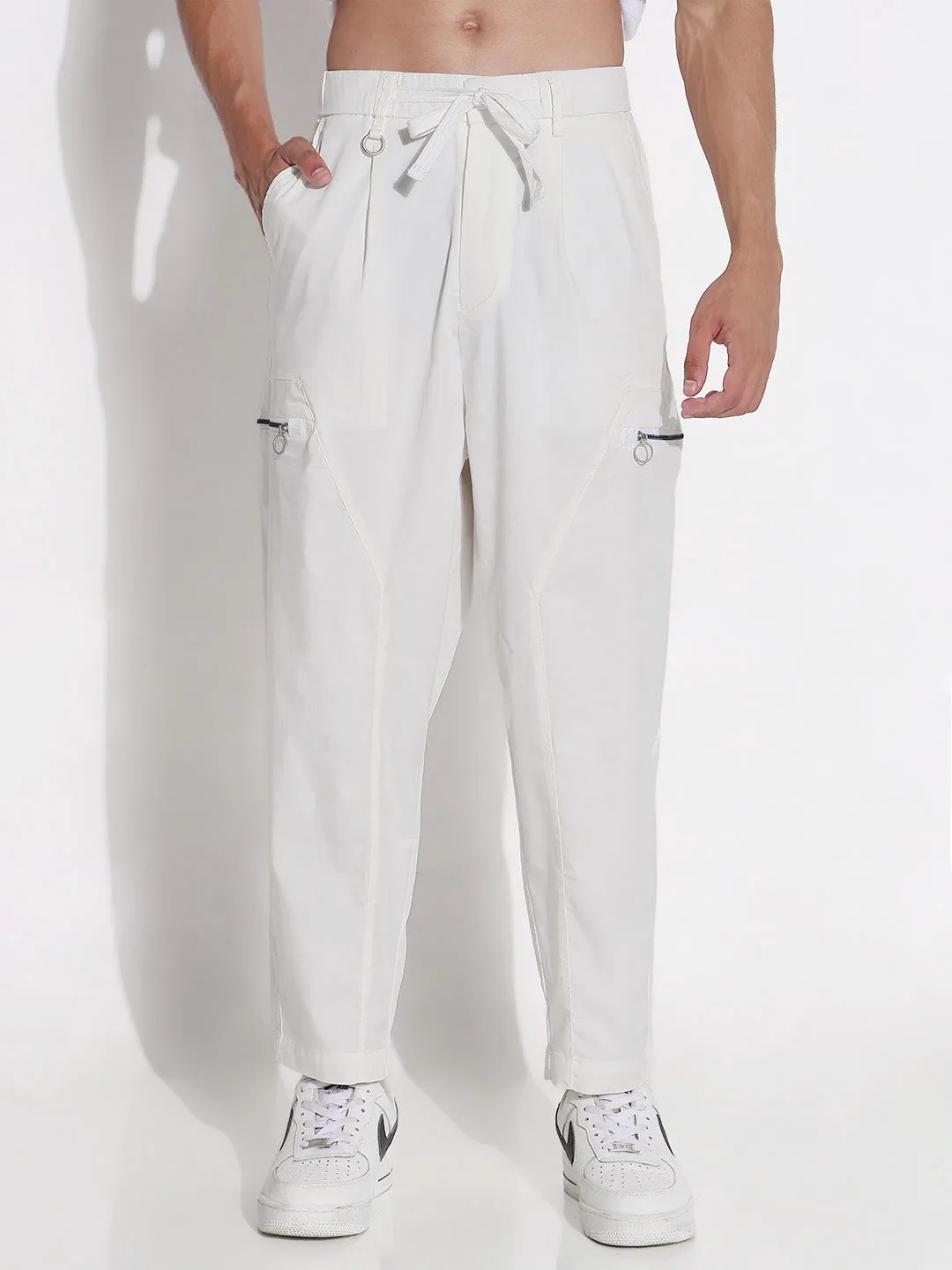 Men's Cotton White Relaxed Fit Trousers Multi Use