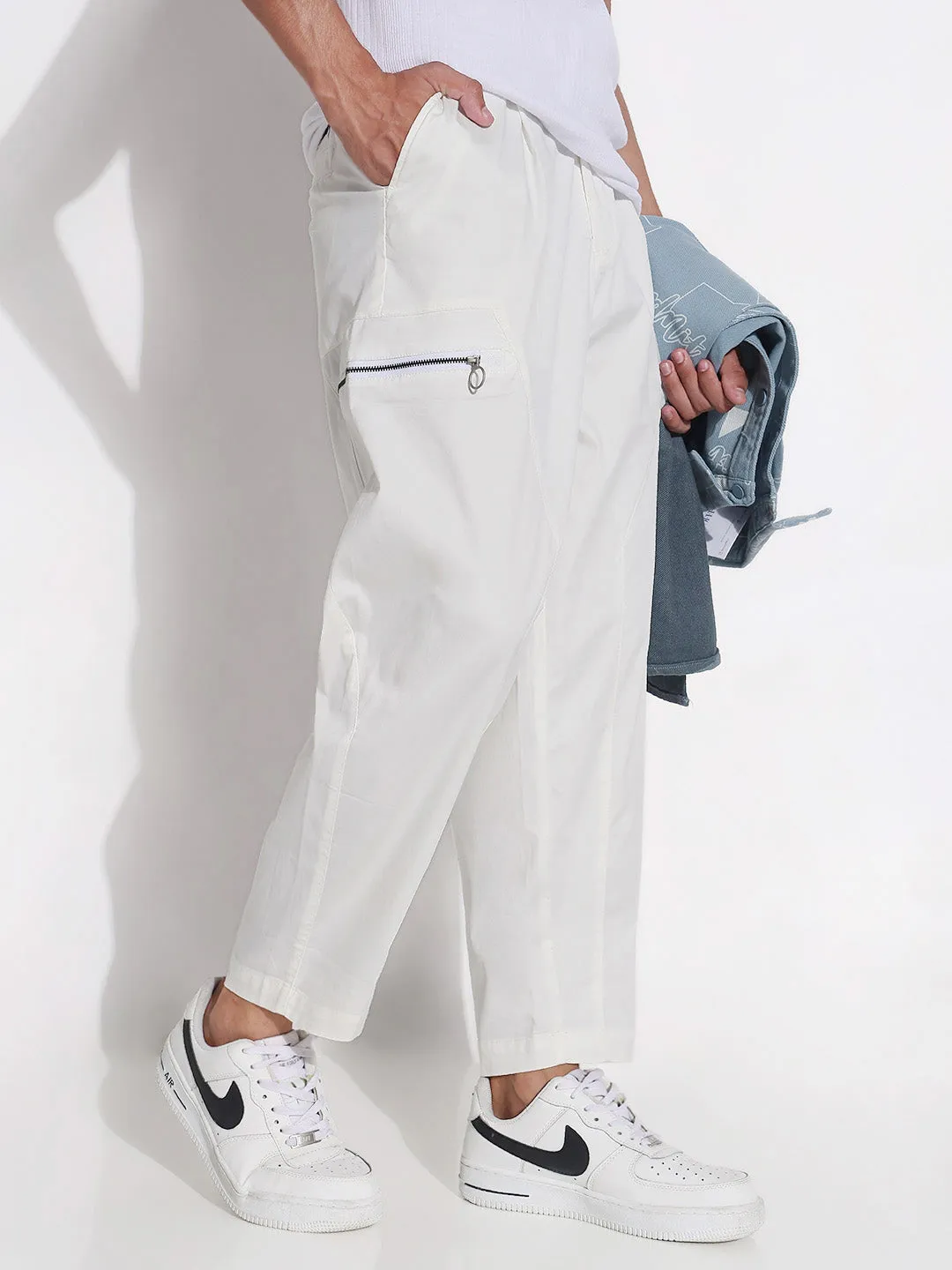 hypoallergenic Men's Cotton White Relaxed Fit Trousers