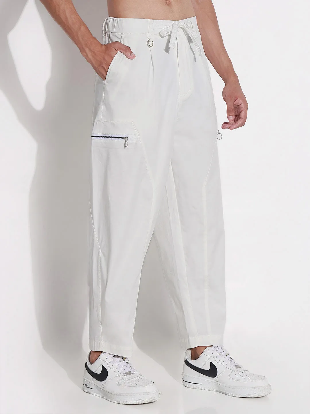 Layered Comfort Light Fabric Men's Cotton White Relaxed Fit Trousers
