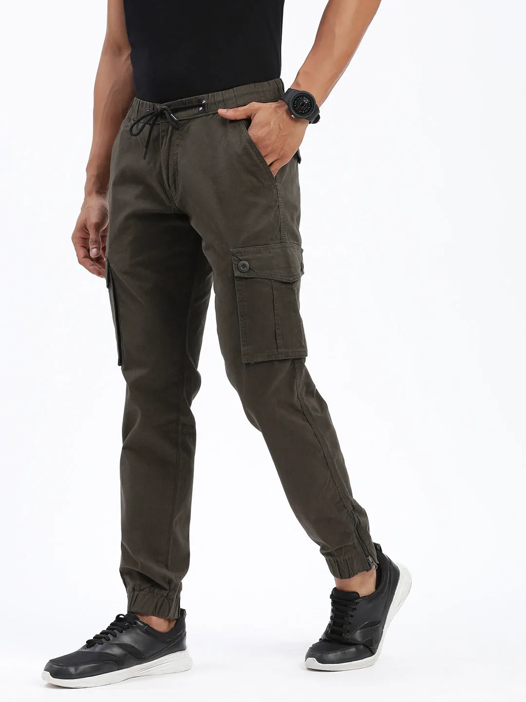 Men's Olive Comfort Slim Fit Low-Rise Cotton Joggers Trousers Adjustable drawstring