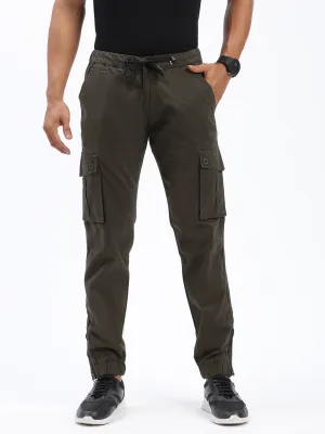 High-rise waist Men's Olive Comfort Slim Fit Low-Rise Cotton Joggers Trousers