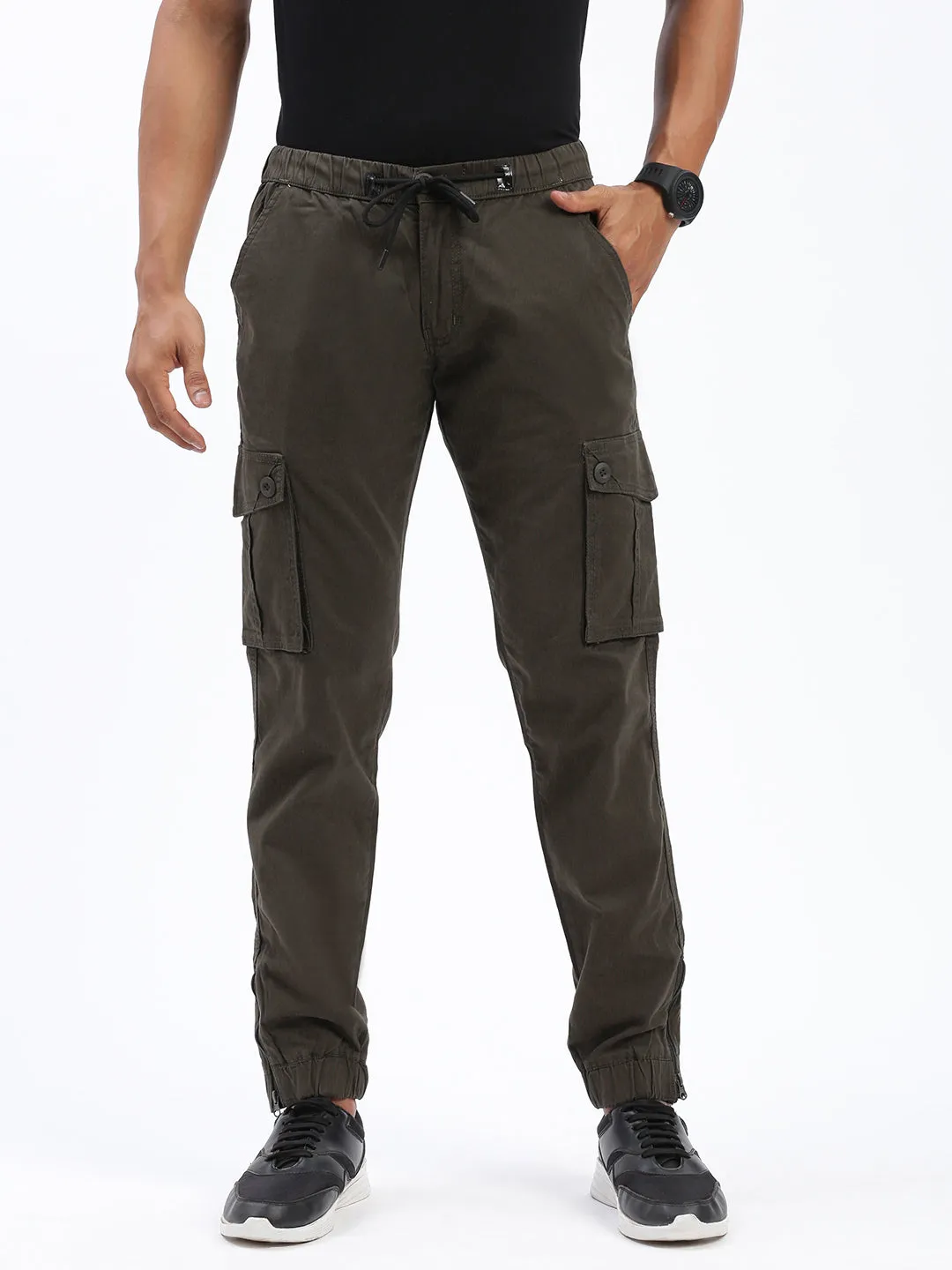 High-rise waist Men's Olive Comfort Slim Fit Low-Rise Cotton Joggers Trousers