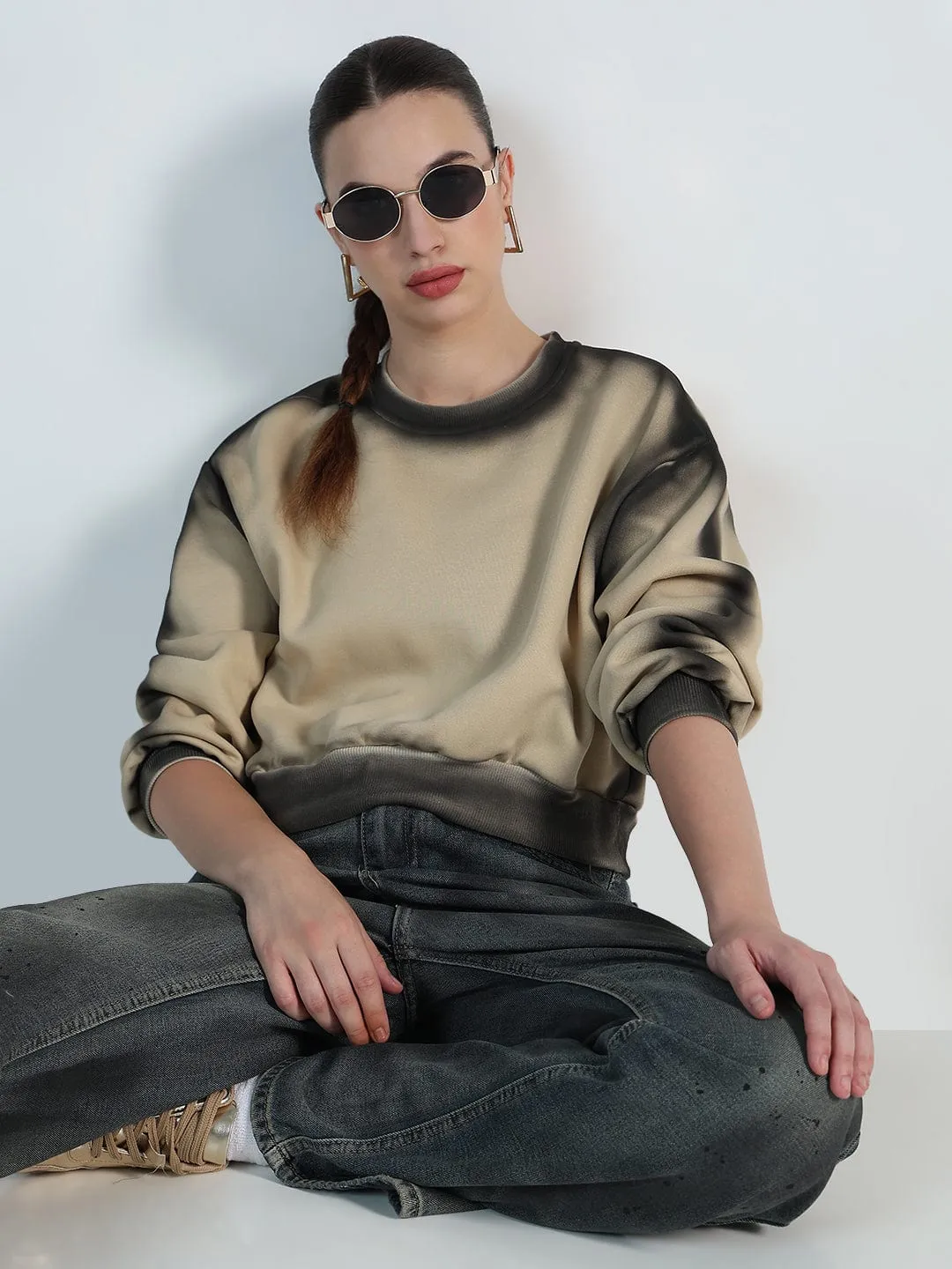 active top Core Minimal Women's Beige Round neck Oversized Sweatshirt