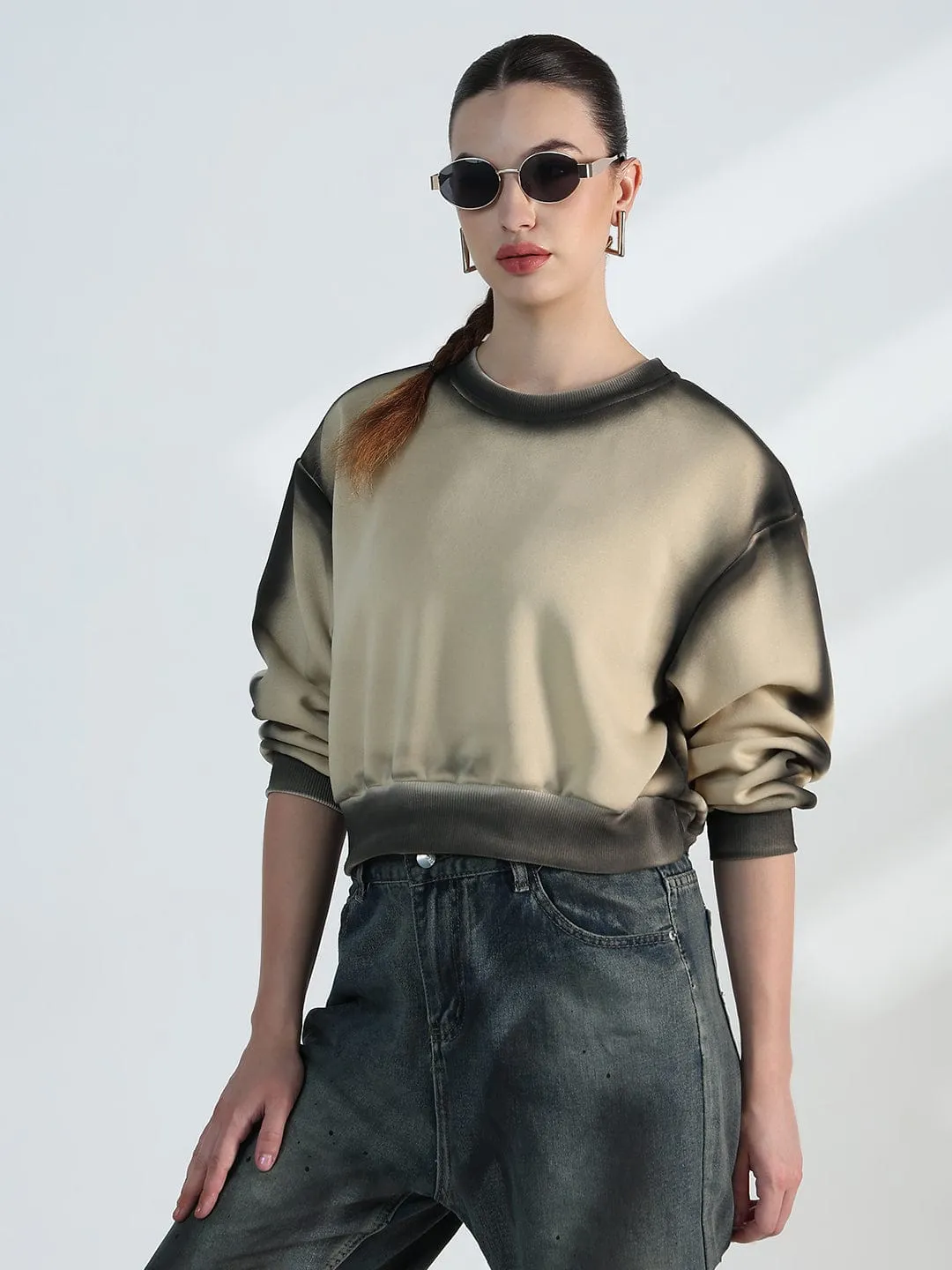 Minimal Fit Best-selling Women's Beige Round neck Oversized Sweatshirt