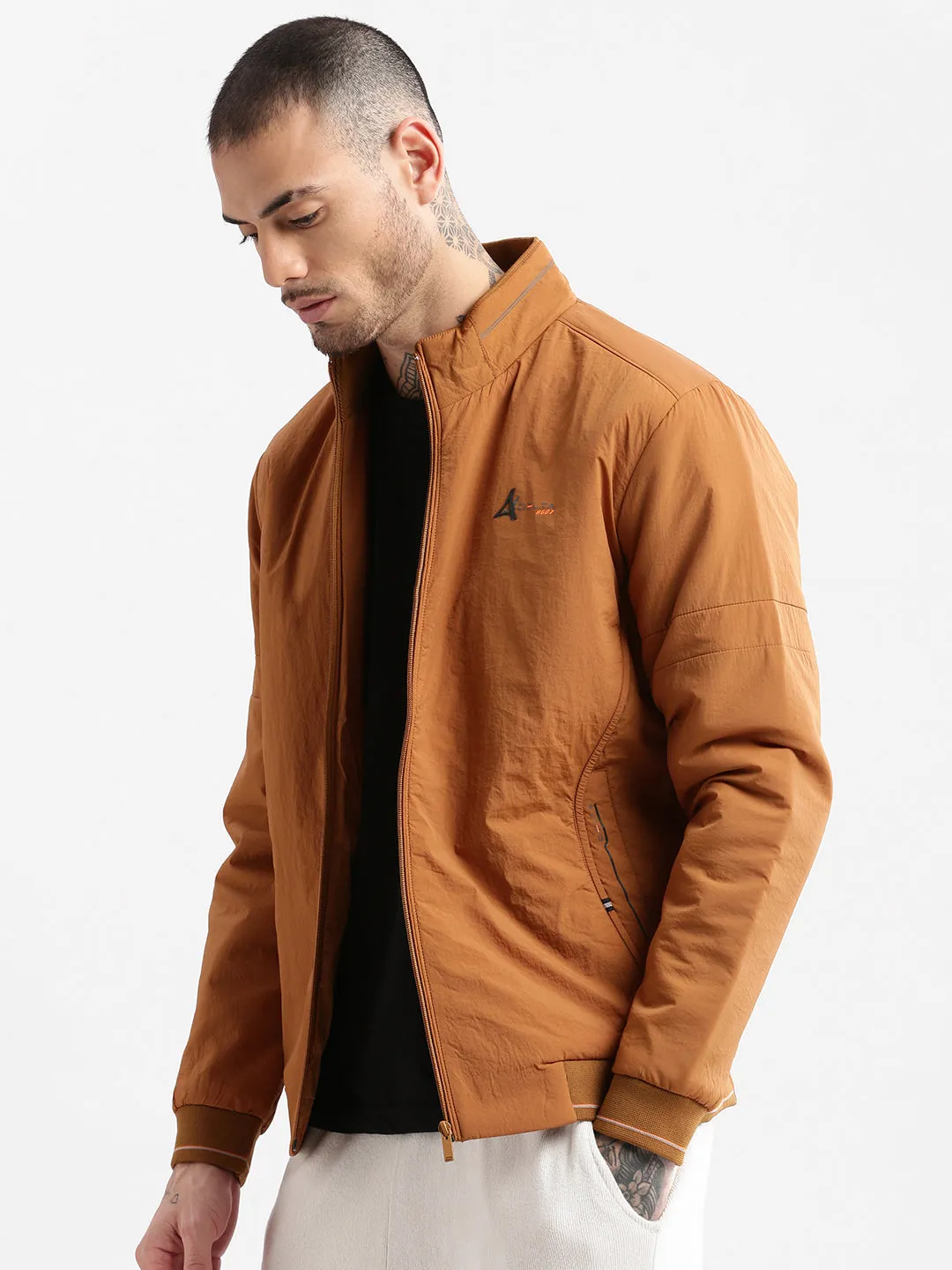 Men's Mock Collar Brown Solid Bomber Jacket Oversized Silhouette Everyday Layers