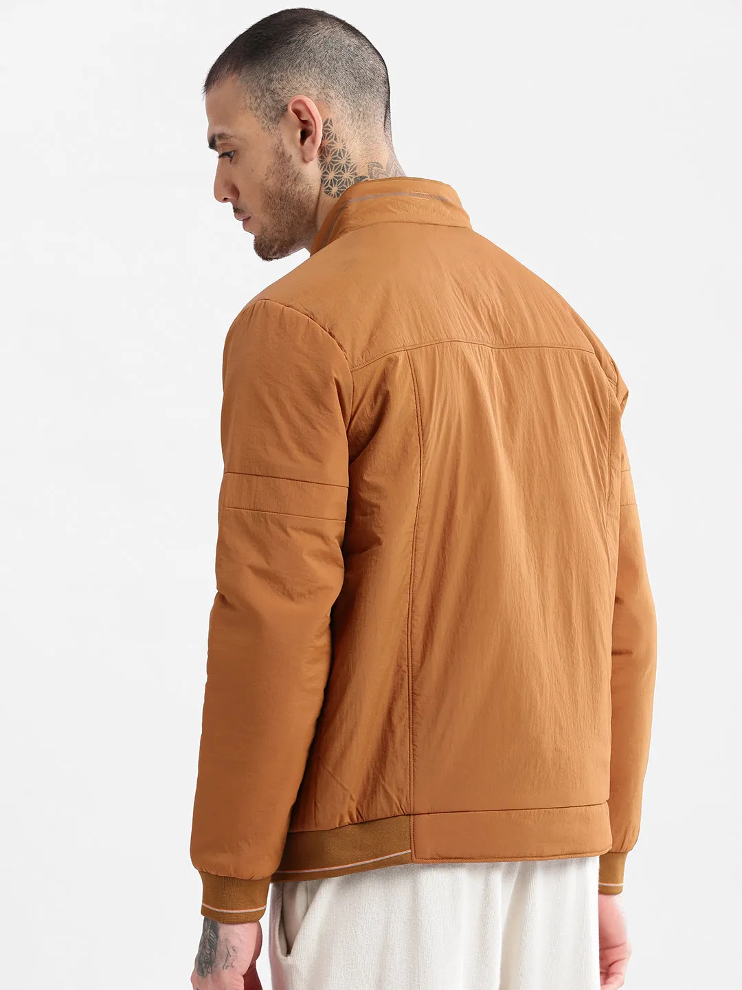 Men's Mock Collar Brown Solid Bomber Jacket Modern Day Look Tear Resistant Fabric Blends