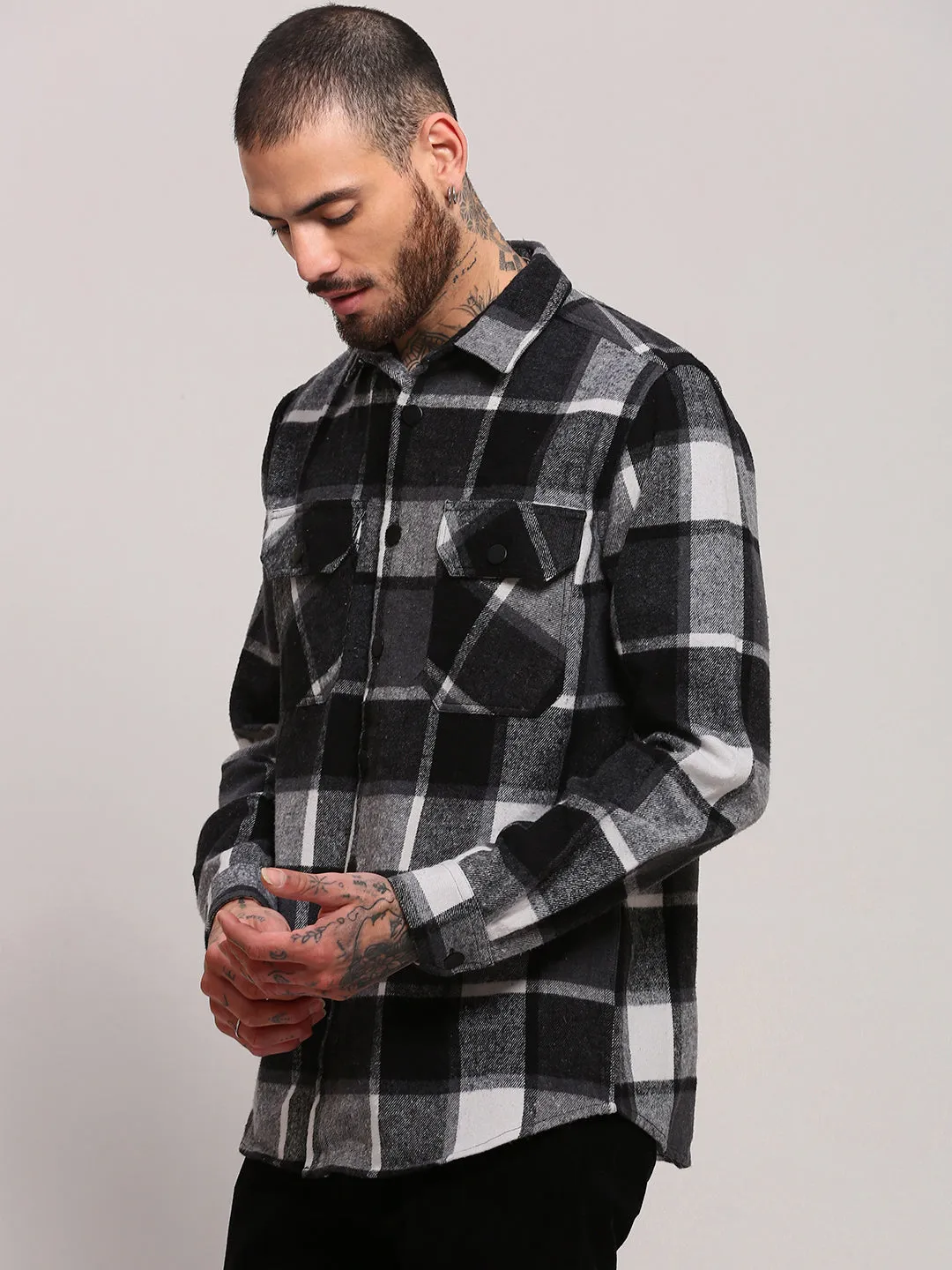 Men's Black Checked Relaxed Fit Shacket Comfort Stretch Fit