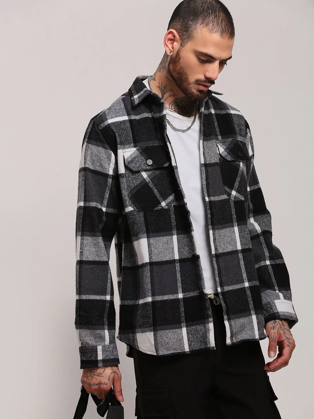 Linen blend Casual Performance Fit Men's Black Checked Relaxed Fit Shacket