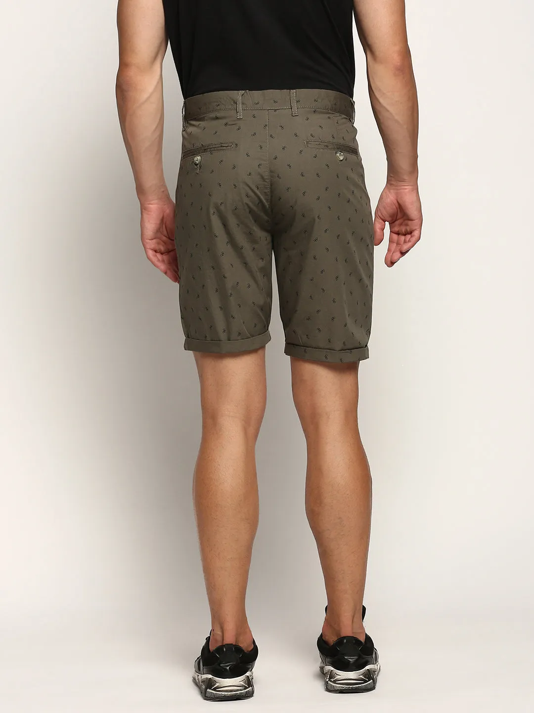 Durable Material Quick Movement Fit Men's Olive Conversational Printed Mid-Rise Cotton Shorts