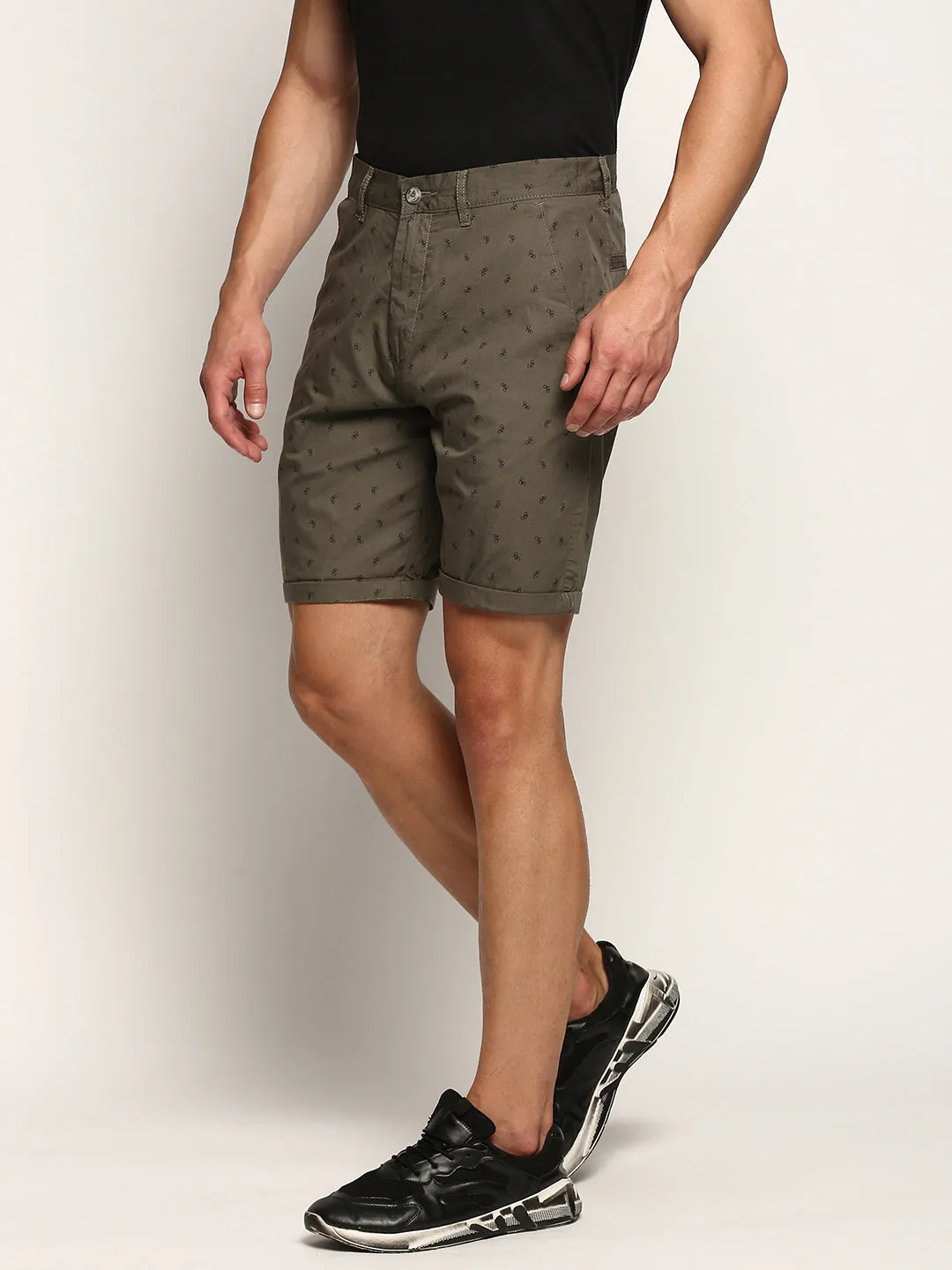 Men's Olive Conversational Printed Mid-Rise Cotton Shorts Leather shorts