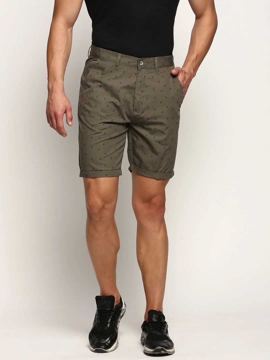 Smooth Fabric education industry Men's Olive Conversational Printed Mid-Rise Cotton Shorts