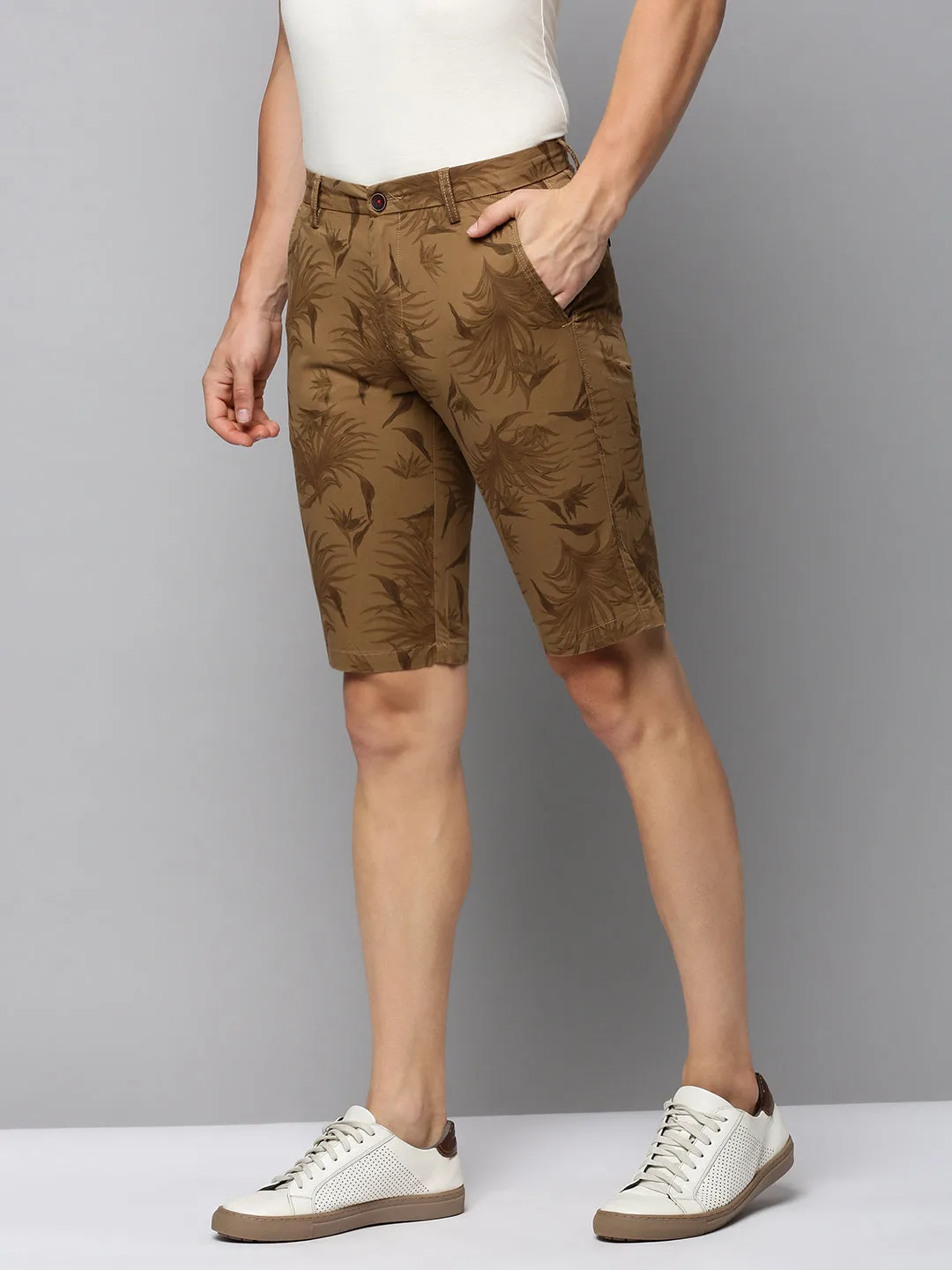 Soft Material semi - formal event Men's Khaki Tropical Printed Cotton Shorts