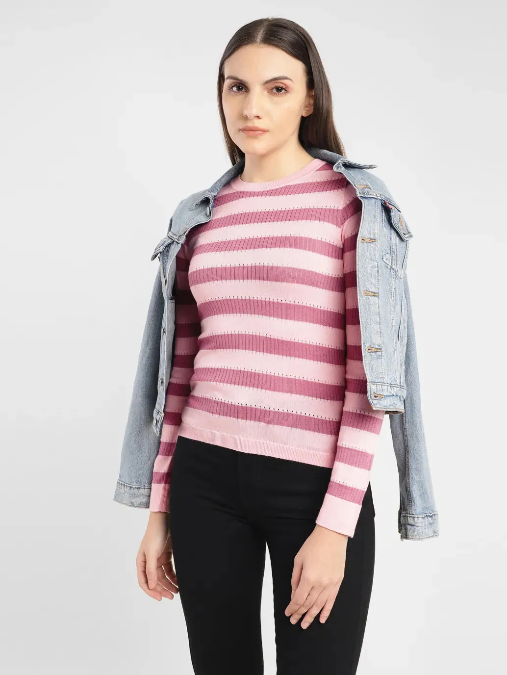 Flexible Rib Trimming Water Repellent Treatment Women's Striped Pink Crew Neck Sweater