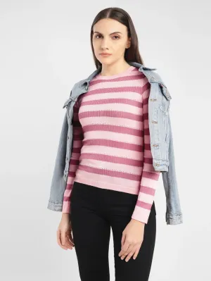 Women's Striped Pink Crew Neck Sweater Ventilated Armhole Design