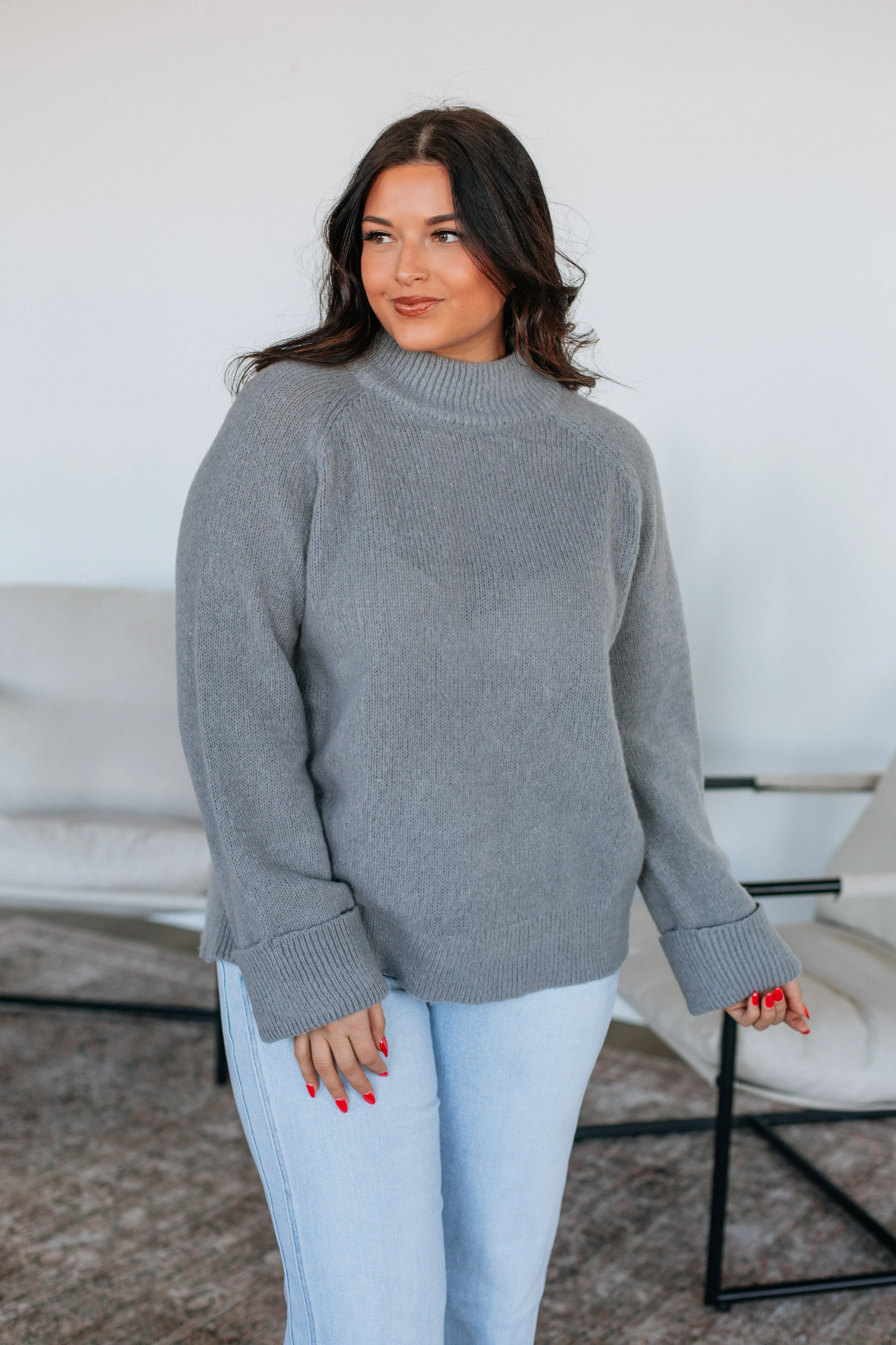 Four Way Stretch Design Recycled Polyester Yarn Samson Mock Neck Sweater - Grey