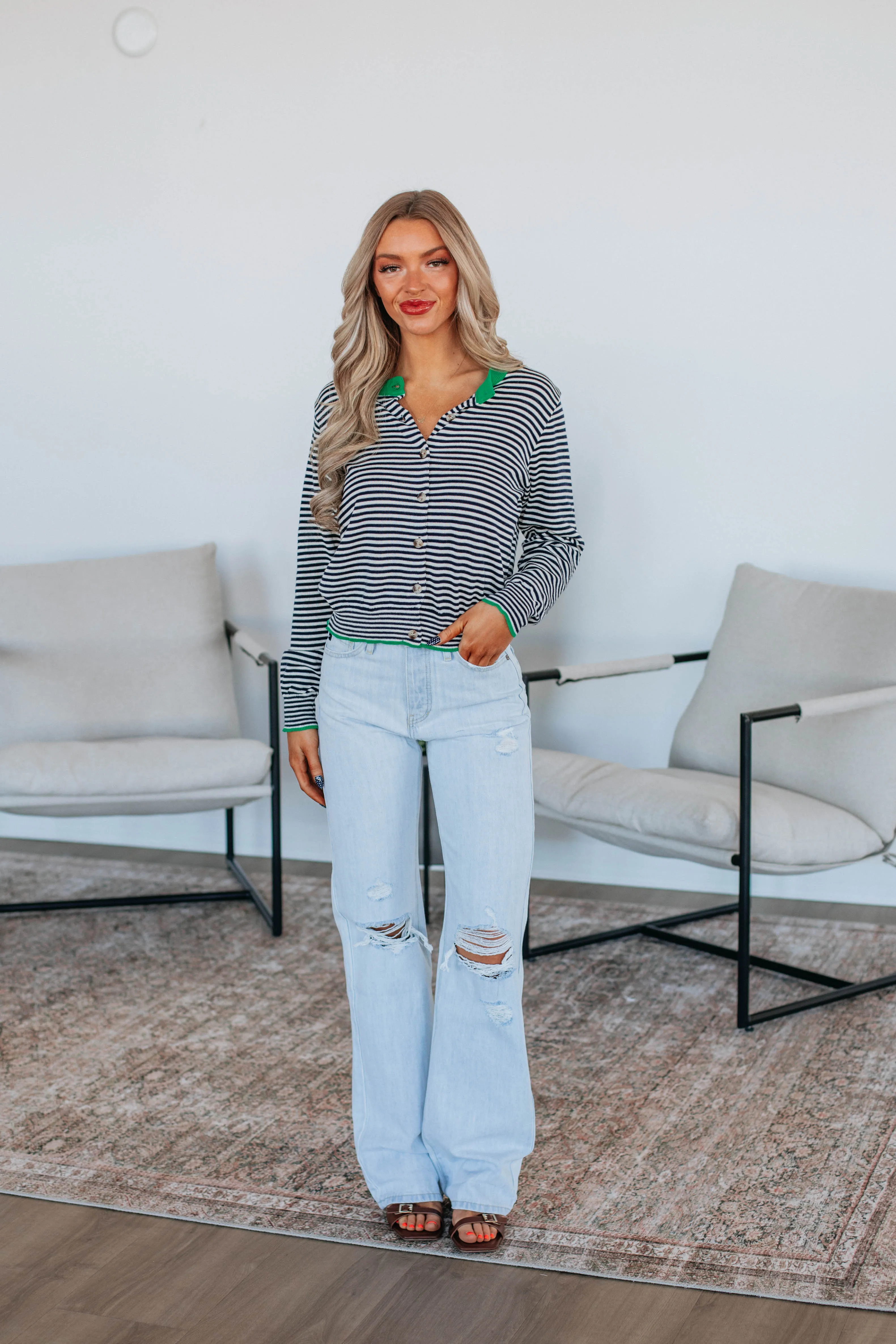 Quinley Striped Cardigan - Kelly Green Mix Lightweight texture