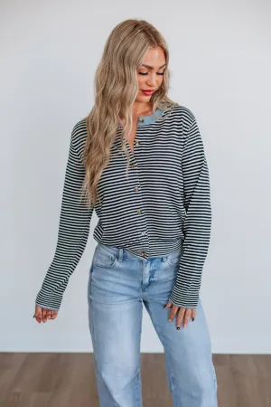 Eco Conscious Production Quinley Striped Cardigan - Slate Blue Mix