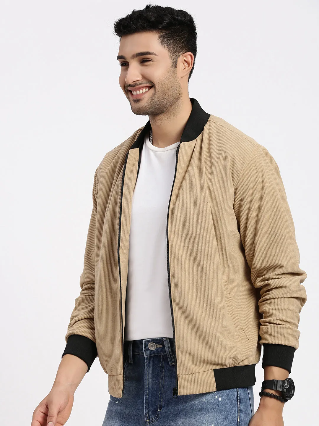 Men's Brown Bomber Jacket Reinforced Zippers