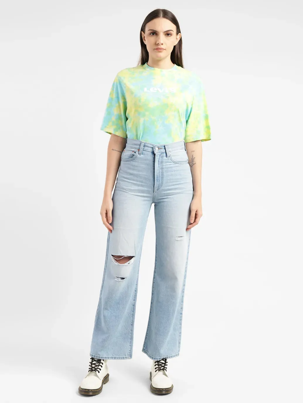 Common Wear Eco Friendly Dye Process Women's Blue Ribcage Bell Bottom Wide Leg Fit High Rise Jeans