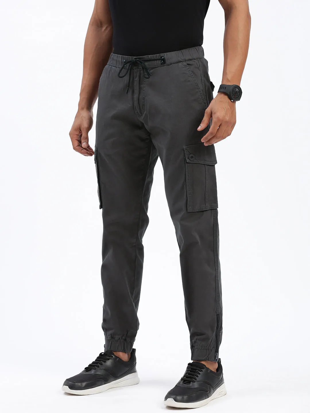 Men's Charcoal Comfort Slim Fit Low-Rise Joggers Trousers Full Flex Recyclable Fabric Blend