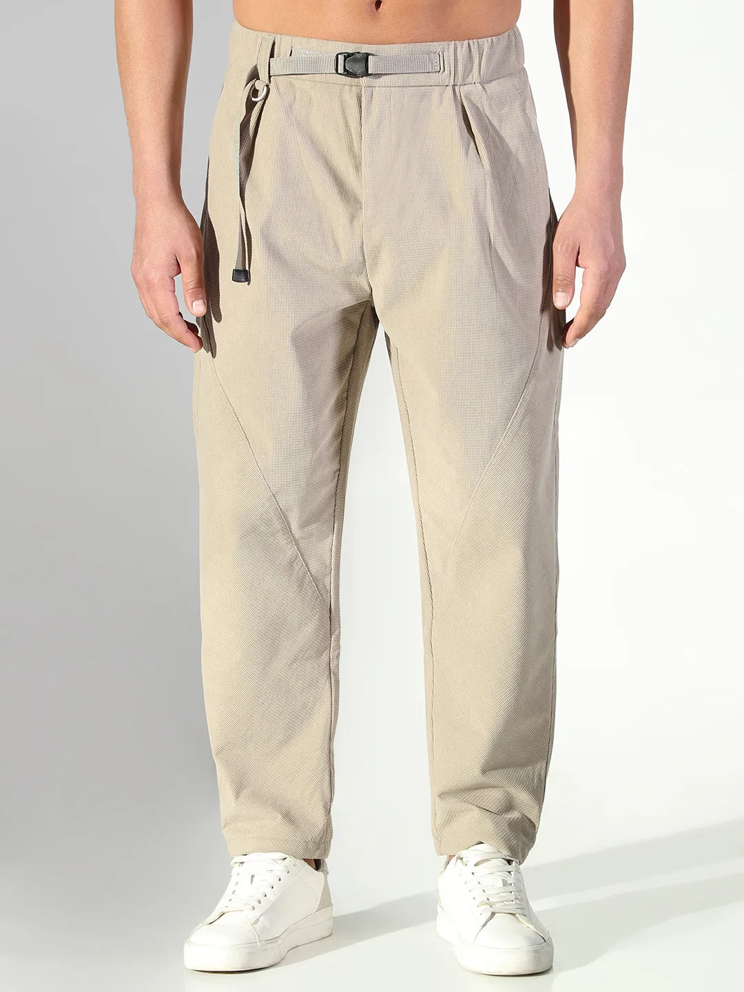 Men's Beige Solid Trousers Fit Comfort
