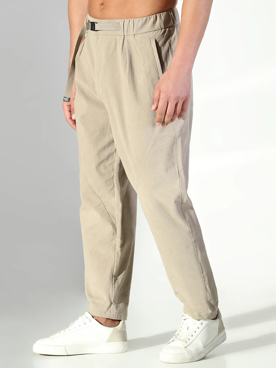 Men's Beige Solid Trousers Layering Piece