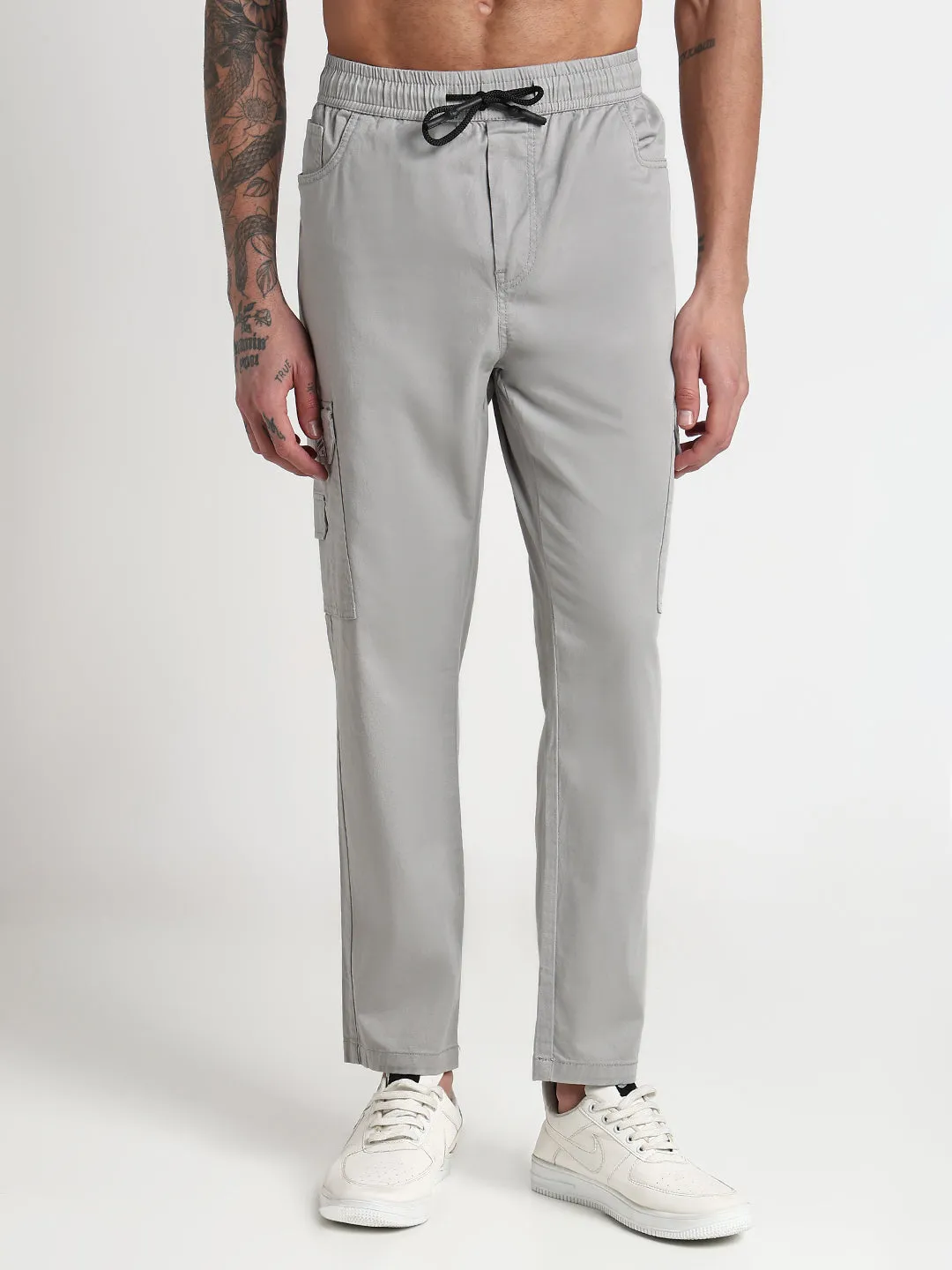 Men's Grey Solid Cargo Joggers Active Look