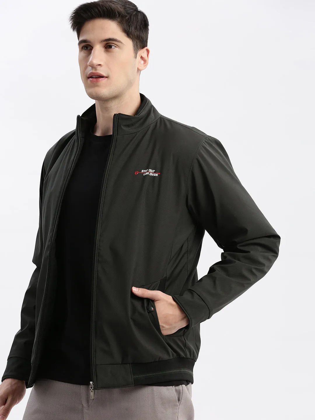 Men's Olive Mock Collar Long Sleeves Zip Detail Rapid-Dry Windcheater Bomber Jacket SoftInnerLayer Micro Perforated Panels