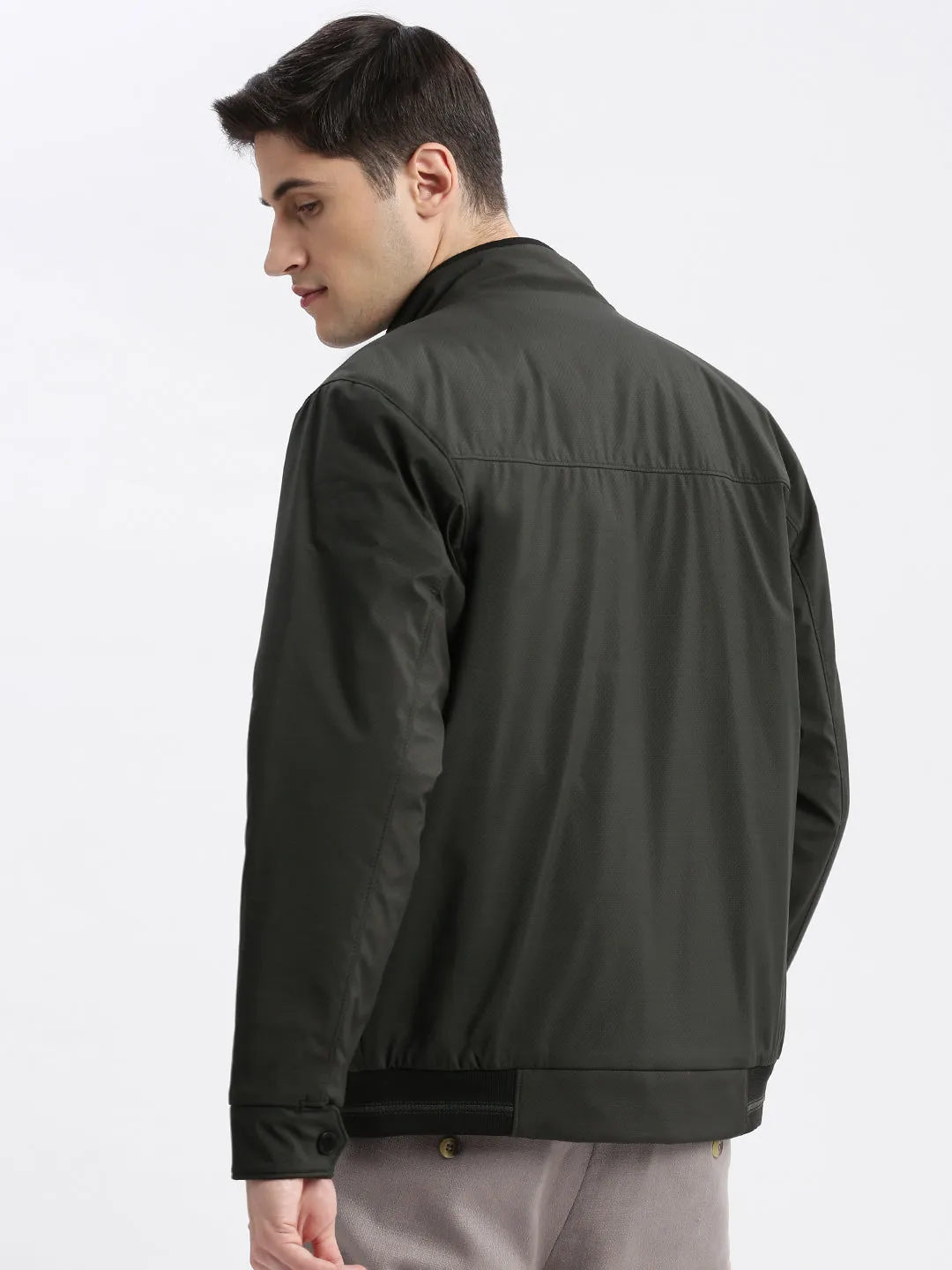 Men's Olive Mock Collar Long Sleeves Zip Detail Rapid-Dry Windcheater Bomber Jacket City Wear