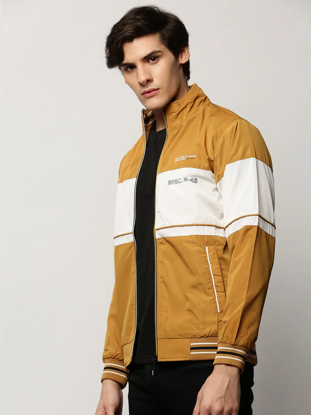 WaterRepellentExterior Men's Mustard Colour blocked Mock Collar Bomber Jacket