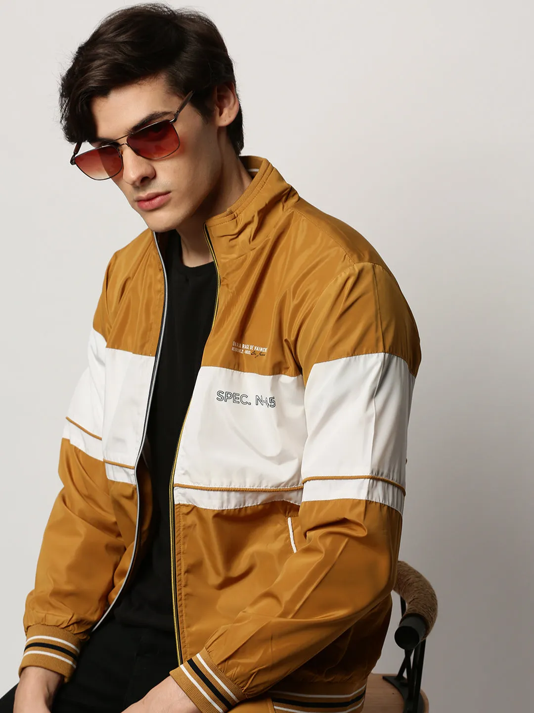 Men's Mustard Colour blocked Mock Collar Bomber Jacket Cool Tone Windproof Closure