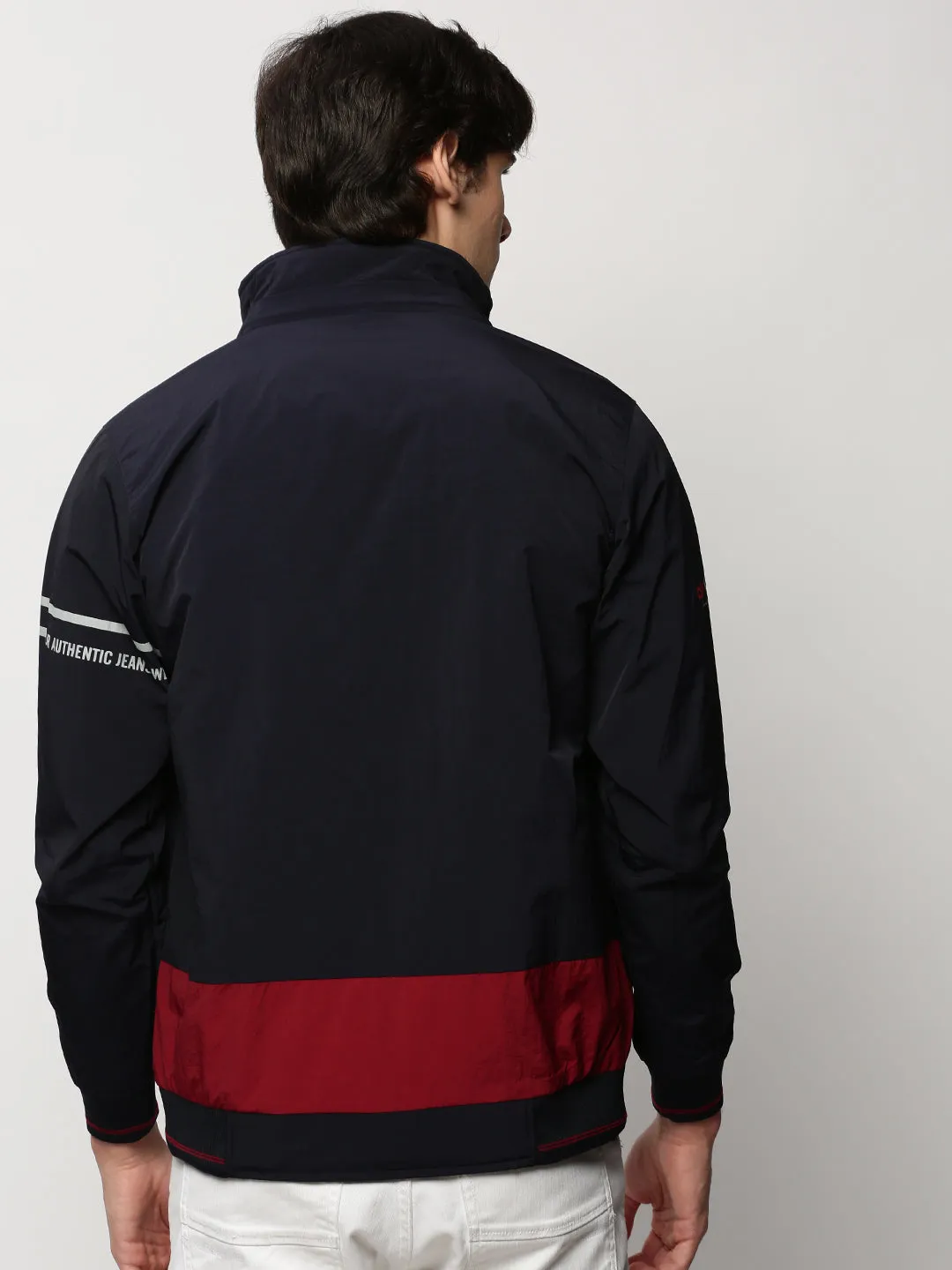 Men's Navy Blue Colour blocked Bomber Jacket Windproof Hood