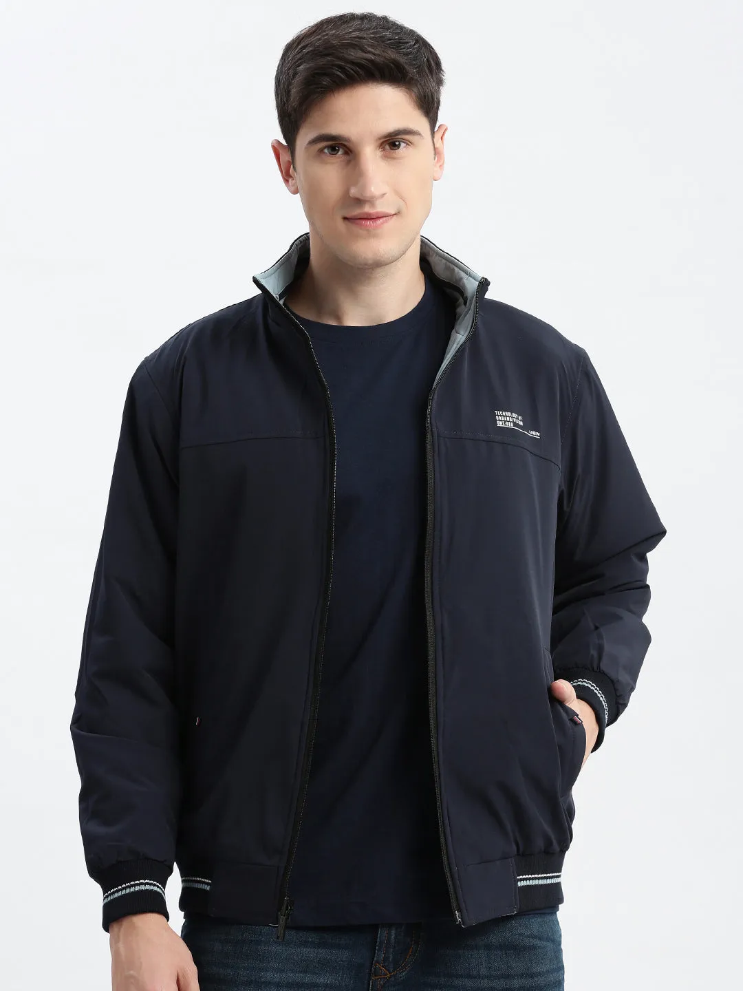 Men's Blue Reversible Rapid-Dry Bomber Jacket Wind Resistant Lining Abrasion Resistant Shell