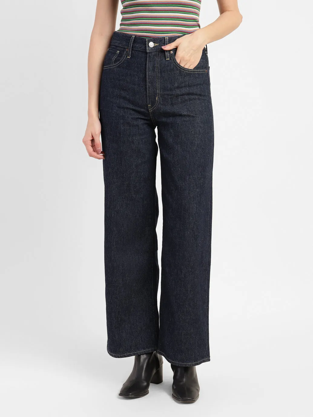 Women's Navy Blue Mile High Wide Leg Fit High Rise Jeans Outdoor Enthusiast Sunny Vibes Teen Outfit Chic Wear