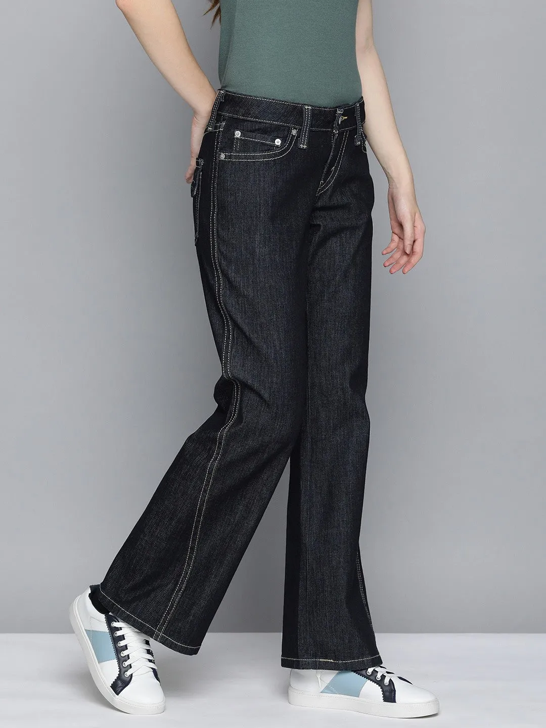 Sandblasted Finish Artist Vibe Comfy Women's Blue Bootcut Fit Low Rise Jeans